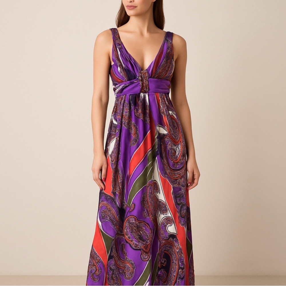 Bisou Bisou Colorful Paisley Maxi Dress with wood belt accent, resort wear, sz 6